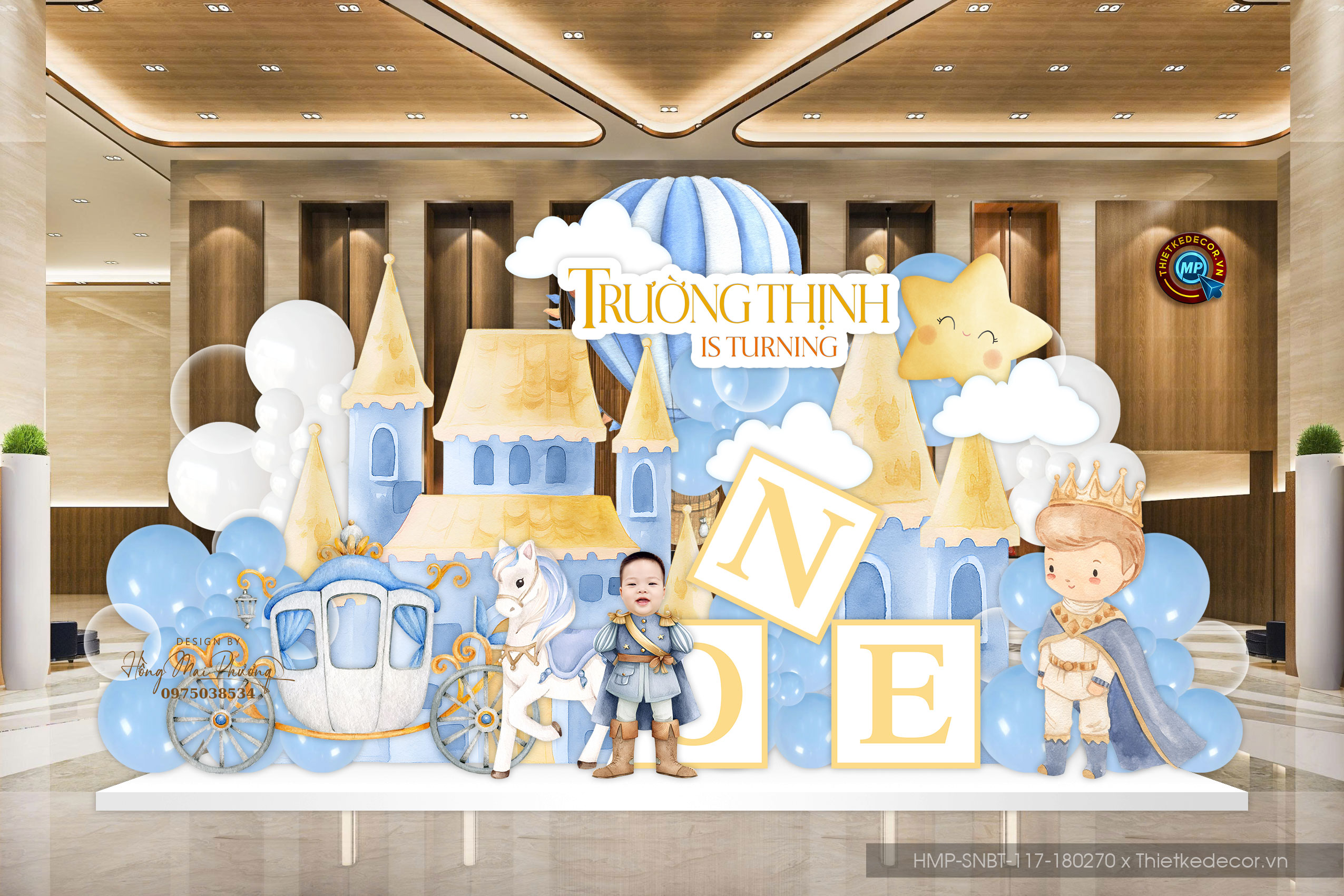 File thiết kế trang trí decor sinh nhật- thôi nôi bé trai đáng yêu cute tone xanh da trời chủ đề lâu đài và  hoàng tử